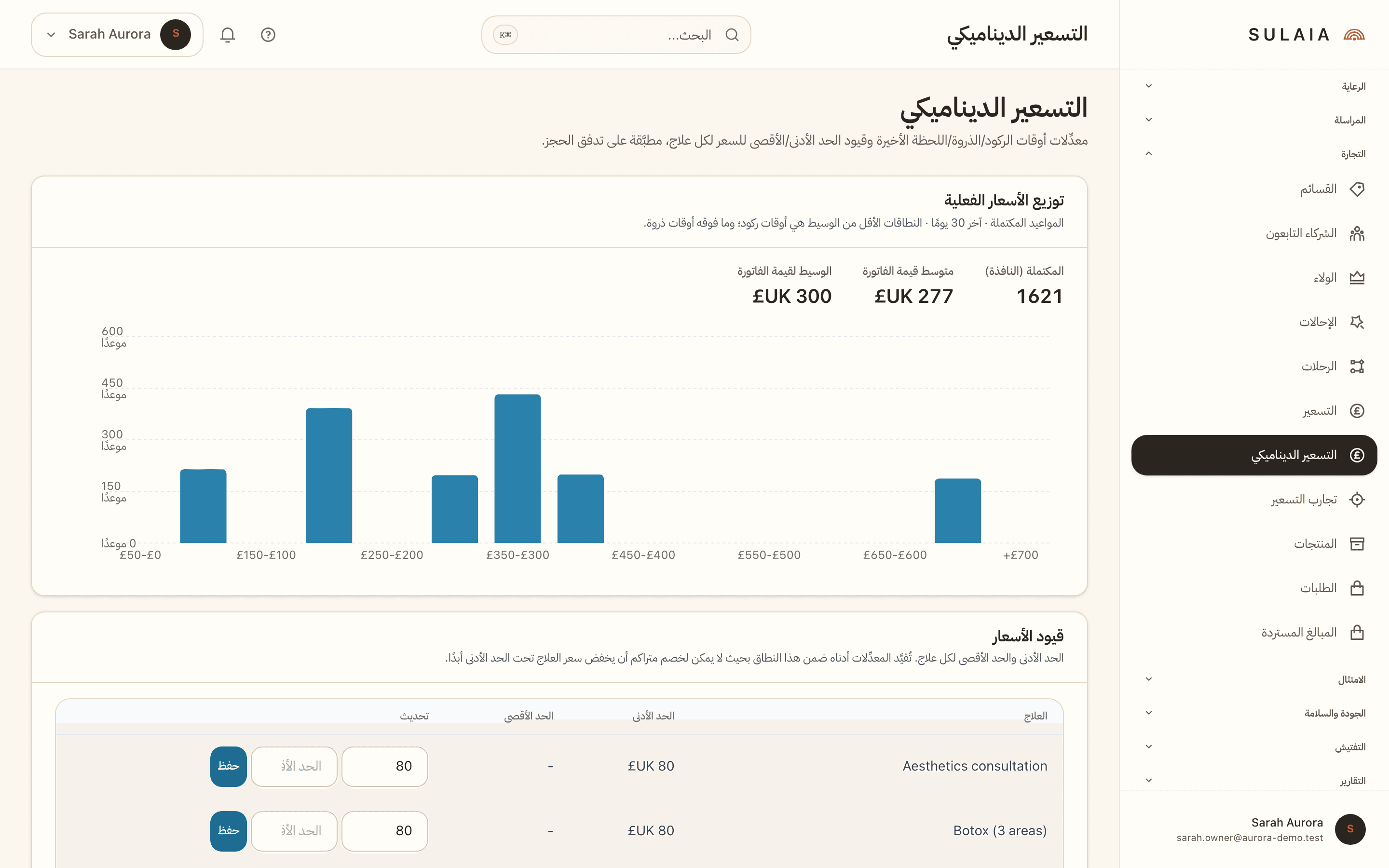 شاشة التسعير الديناميكي تظهر رسم بياني لتوزيع الأسعار الفعلية وجدول قيود الأسعار.
