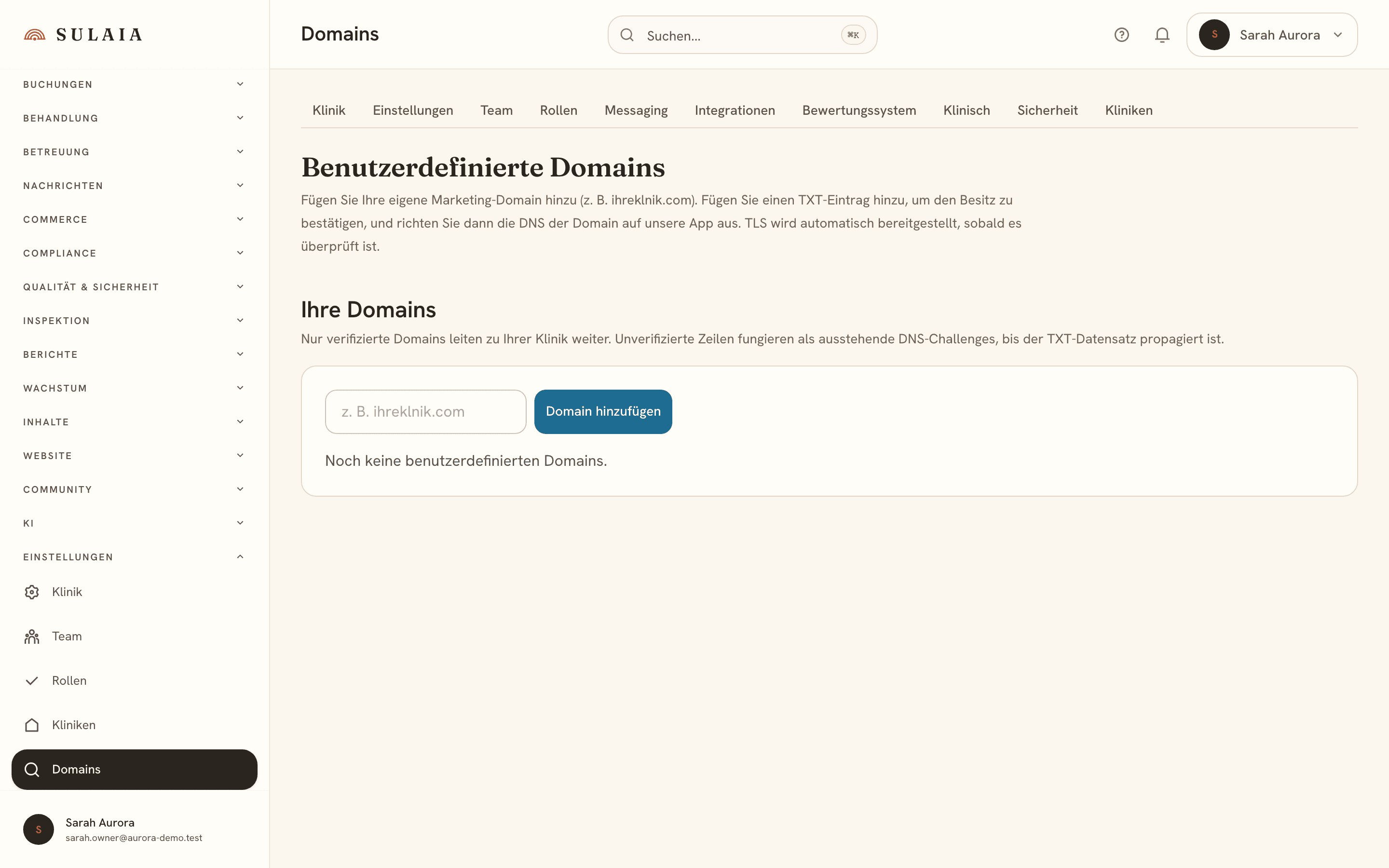 Der Bildschirm für benutzerdefinierte Domänen-Einstellungen.