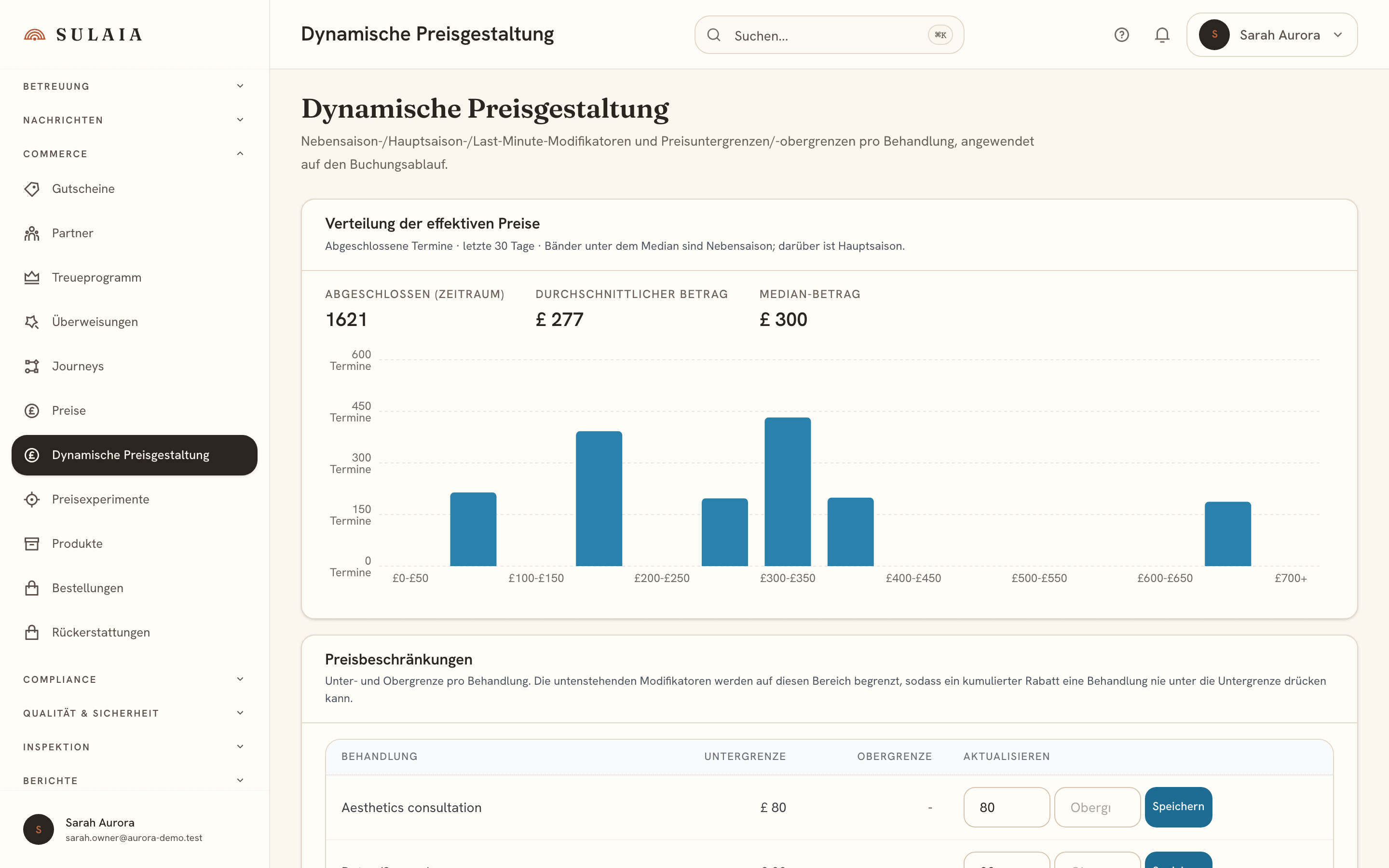 Der Bildschirm für dynamische Preisgestaltung zeigt ein Histogramm der effektiven Preisverteilung und eine Preis-Constraints-Tabelle.