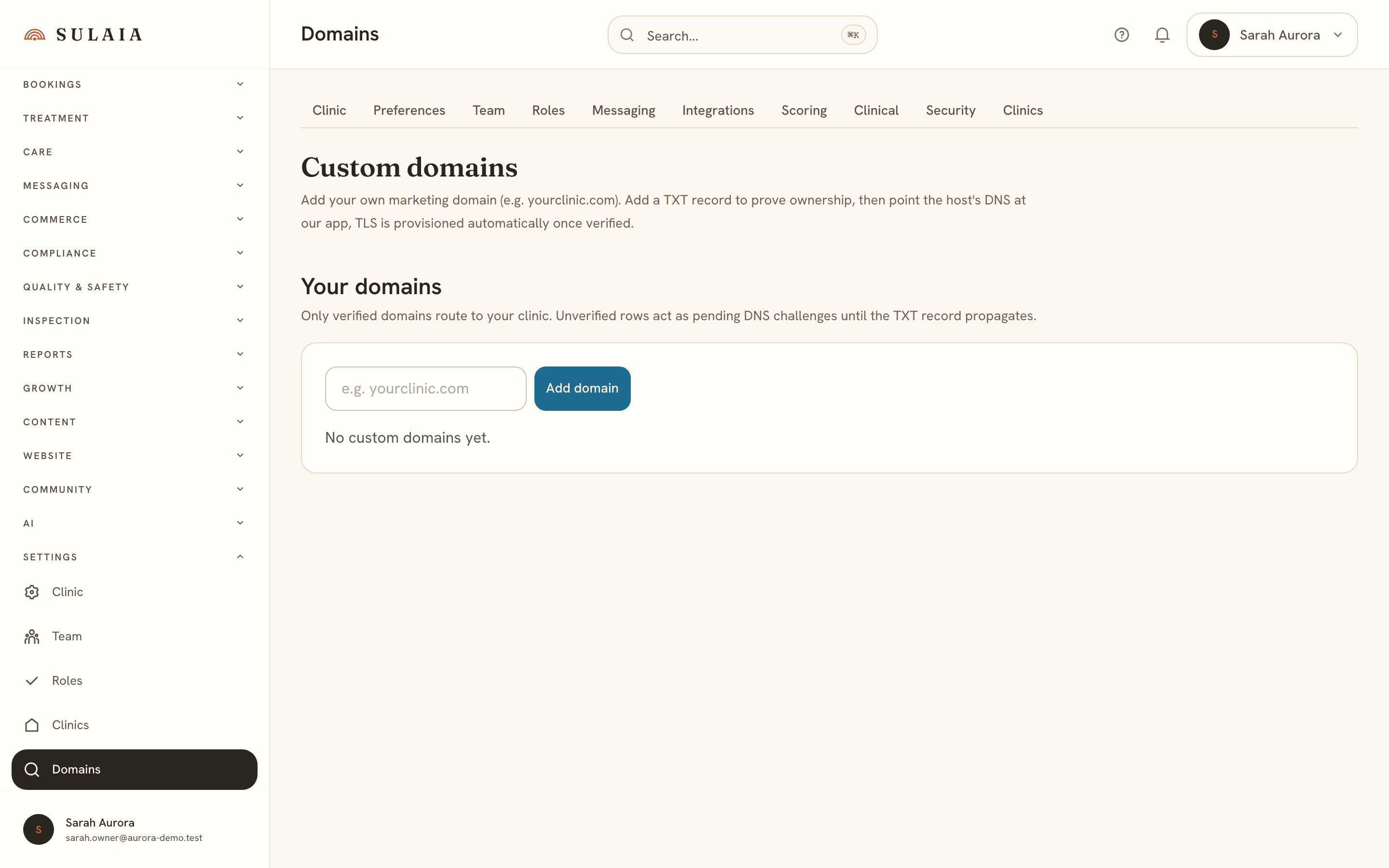The custom domains settings screen.