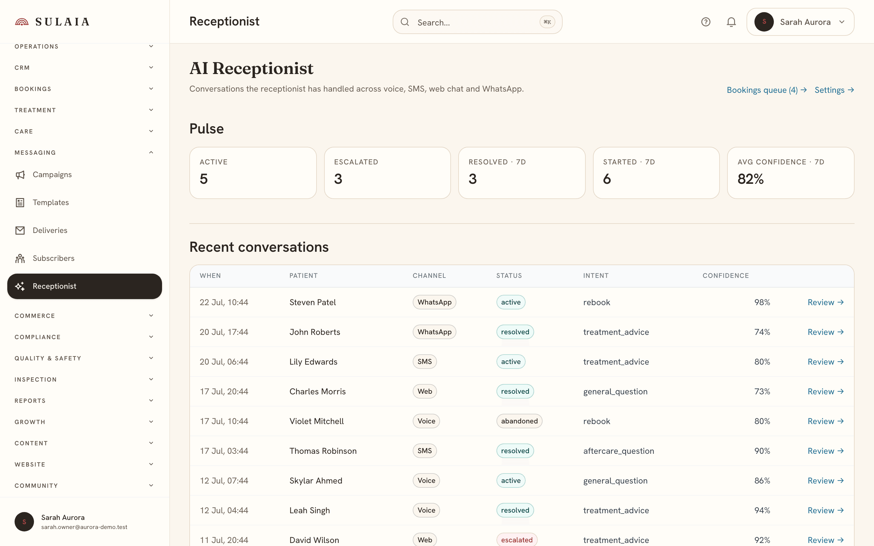 The AI receptionist conversations screen.