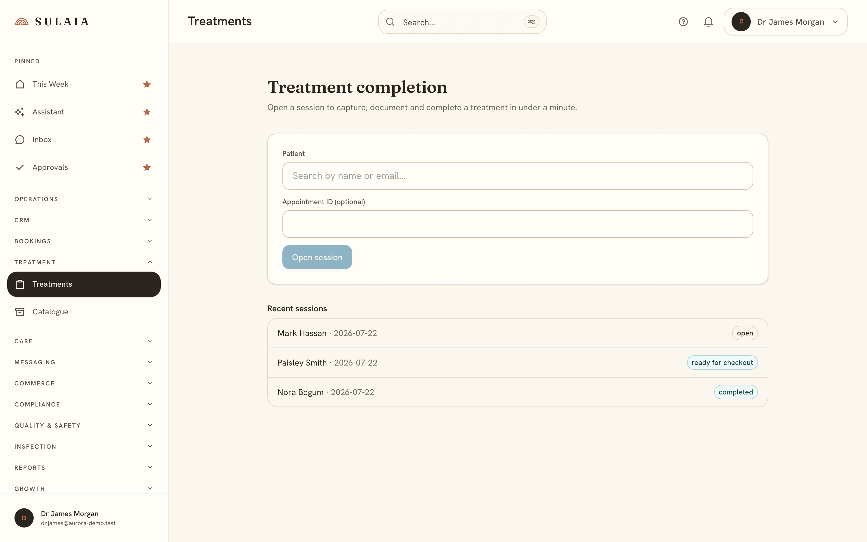 The treatment completion screen showing the clinical record, products used with batch numbers, and a signed evidence vault.