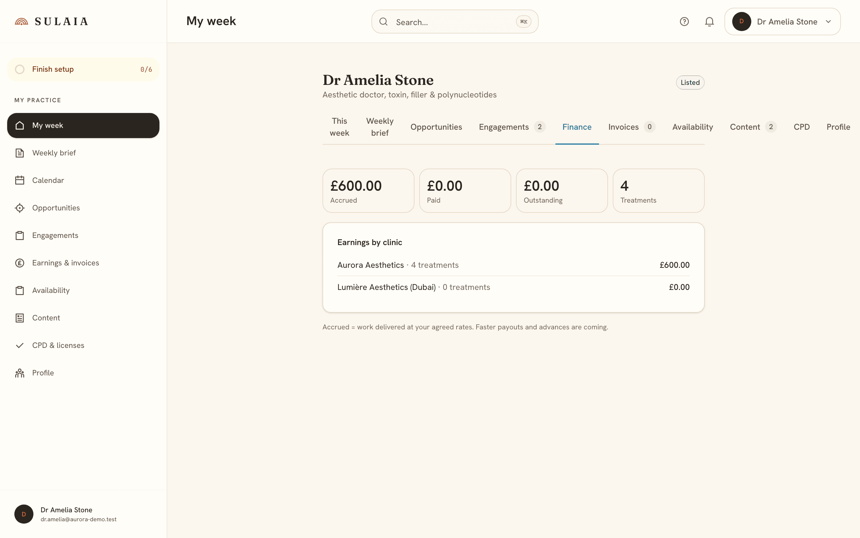 The provider finance and earnings view.