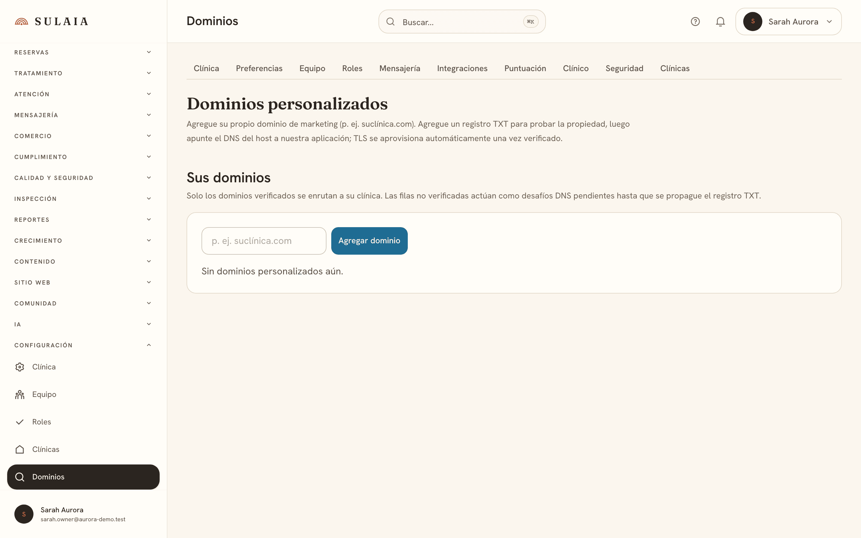 La pantalla de configuración de dominios personalizados.