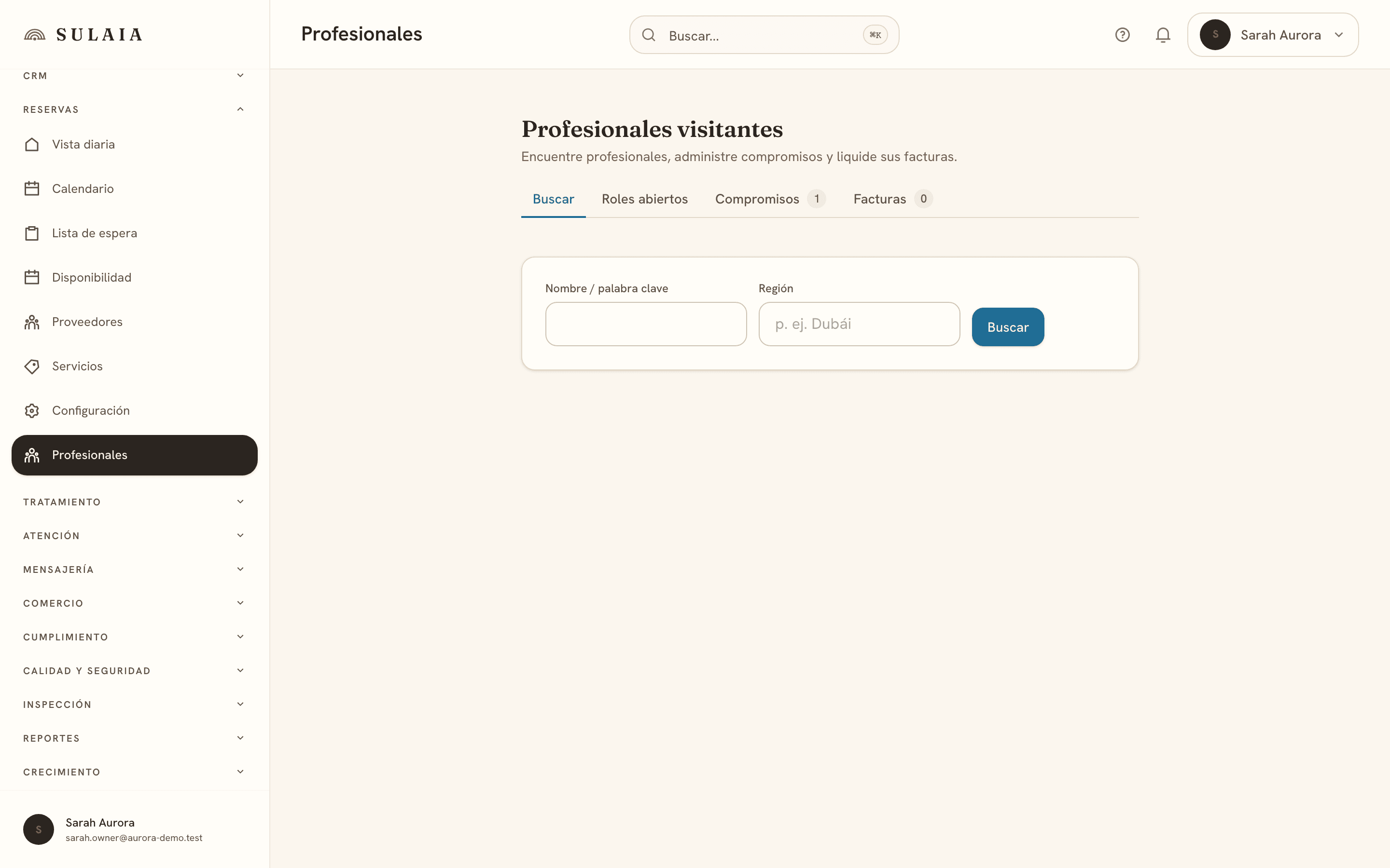 La red de profesionales visitantes mostrando compromisos, puestos abiertos y profesionales interesados.