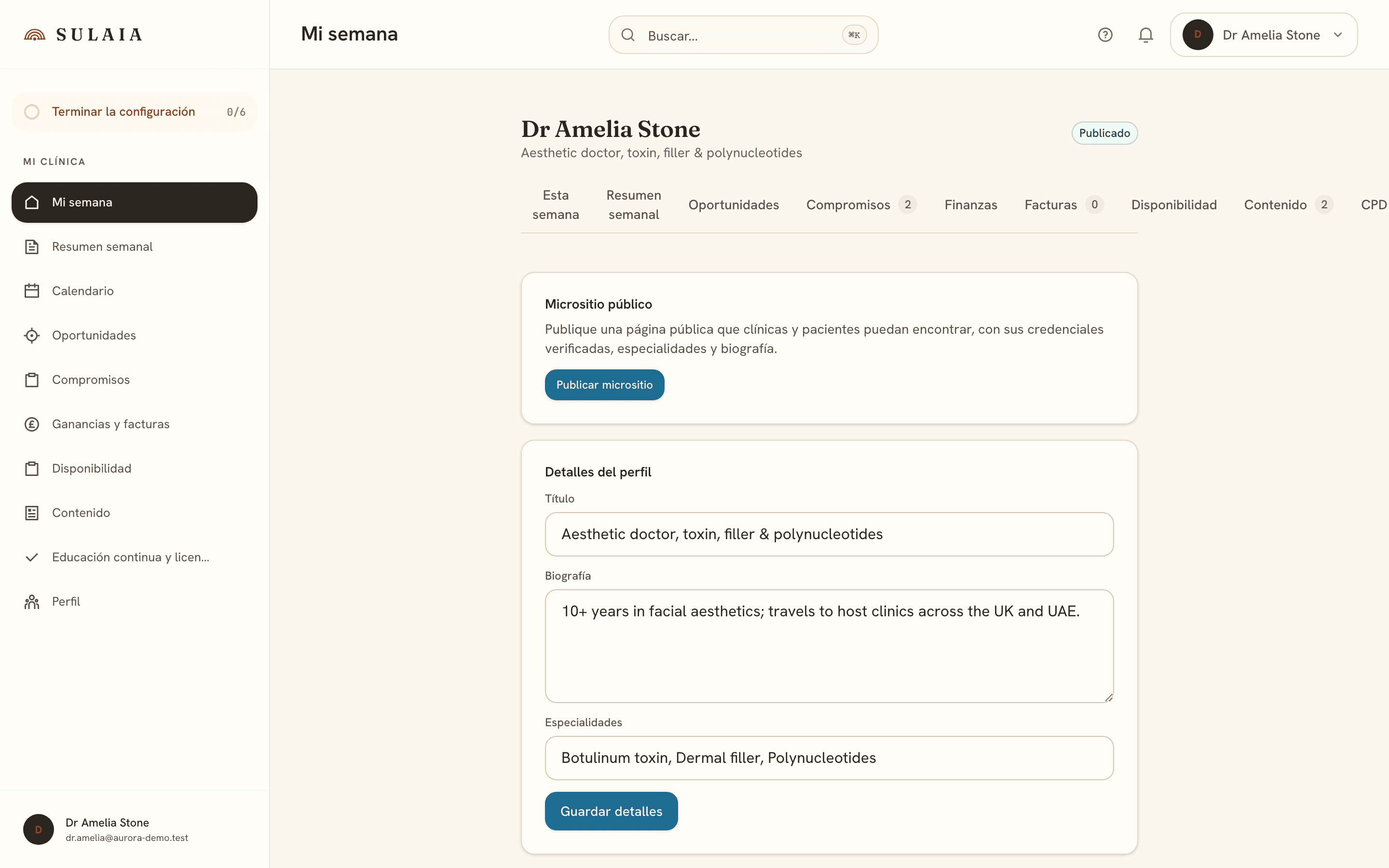 El micrositio de perfil público del profesional.