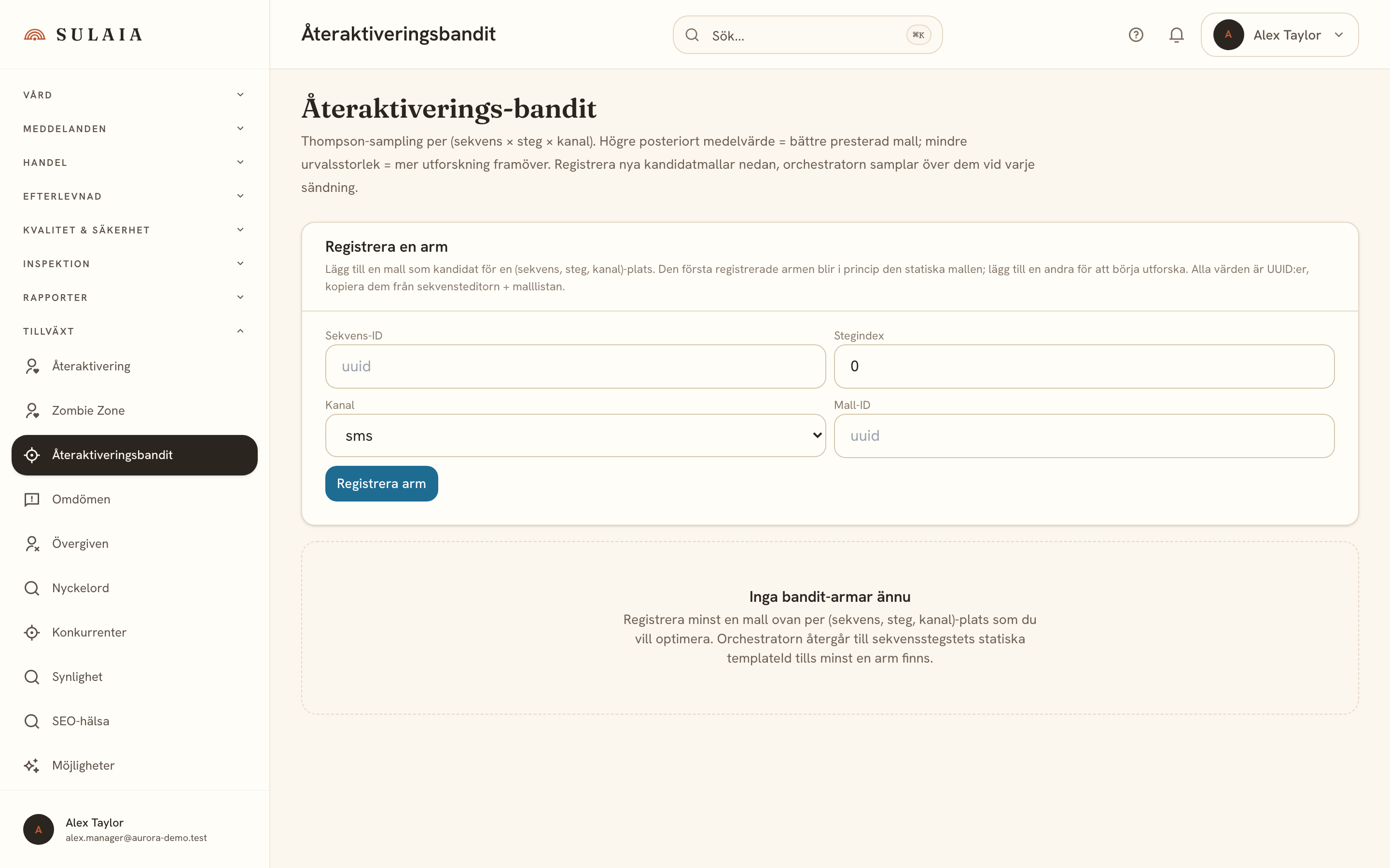 Skärmen för återvinningsbandit visar ett posteriorfördelningsdiagram och en tabell med mallarmtyper och konverteringsgrader.